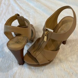 Michael Kors nude strappy high heels with gold zipper